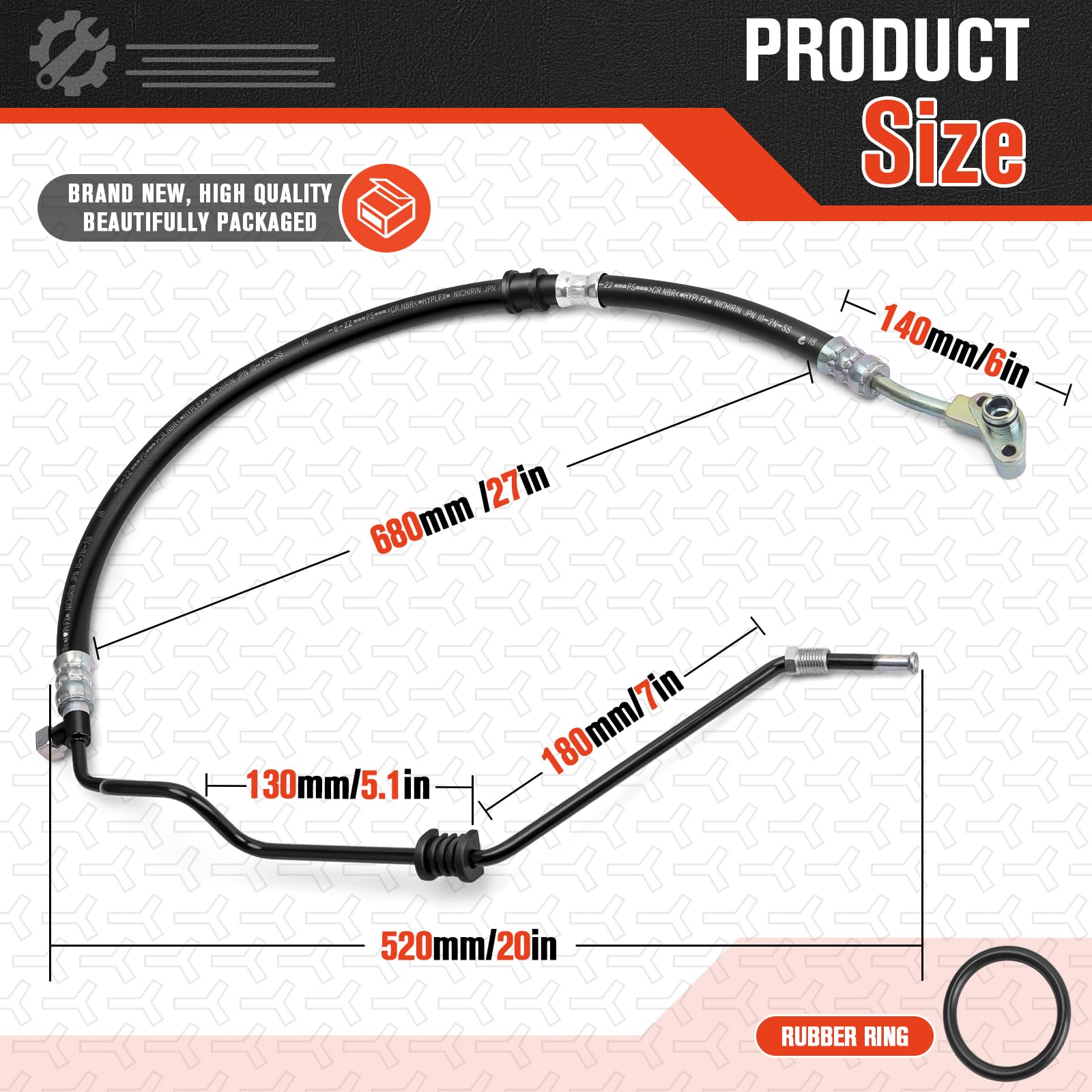 Lucky Seven steering pressure hose with metallic finish highlights durable construction.
