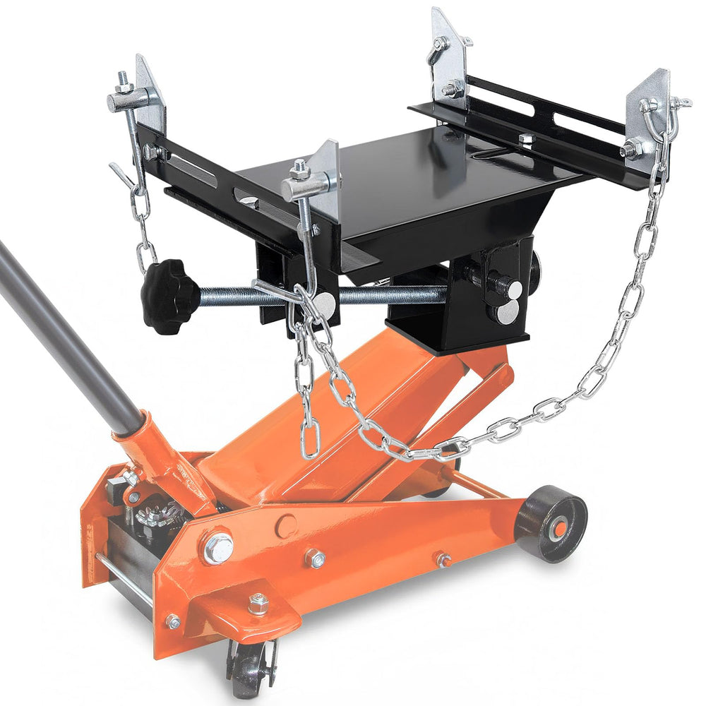 Lucky Seven transmission-adapter on floor jack enables easier removal.