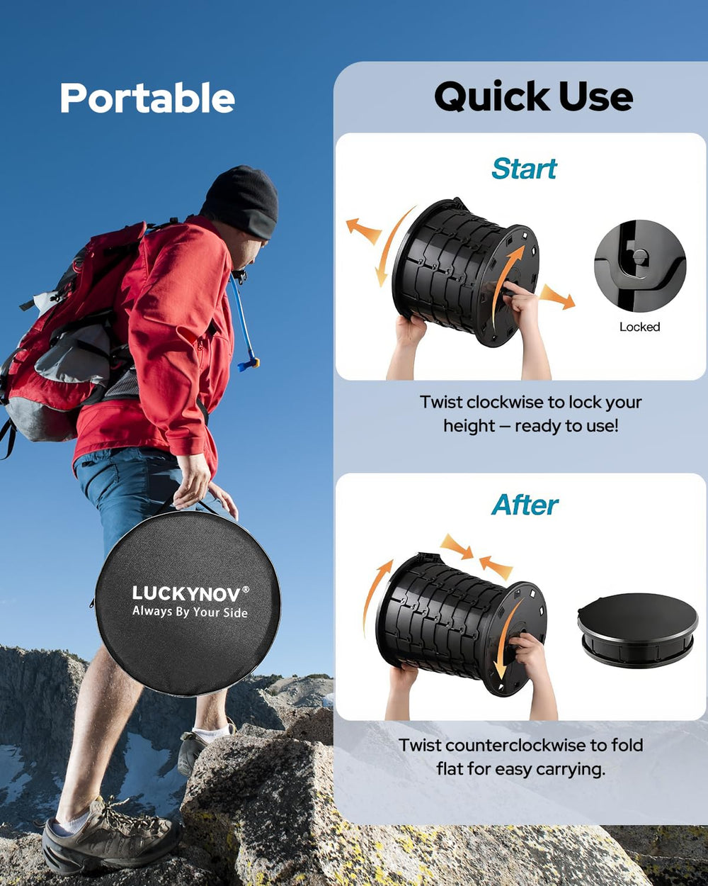LuckyNov height-adjustment feature suits adults and kids on uneven terrain.