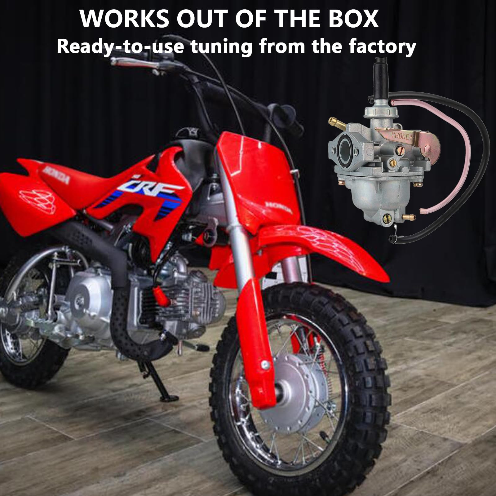 LuckySlycyc CRF50 carburetor and fuel valve closeup.
