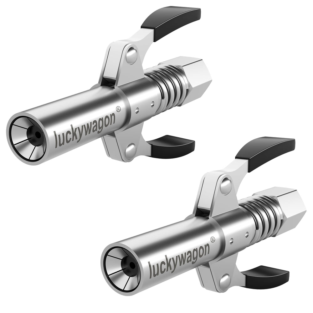 Luckywagon grease gun coupler with 6-jaw lock for leak-free lubrication.