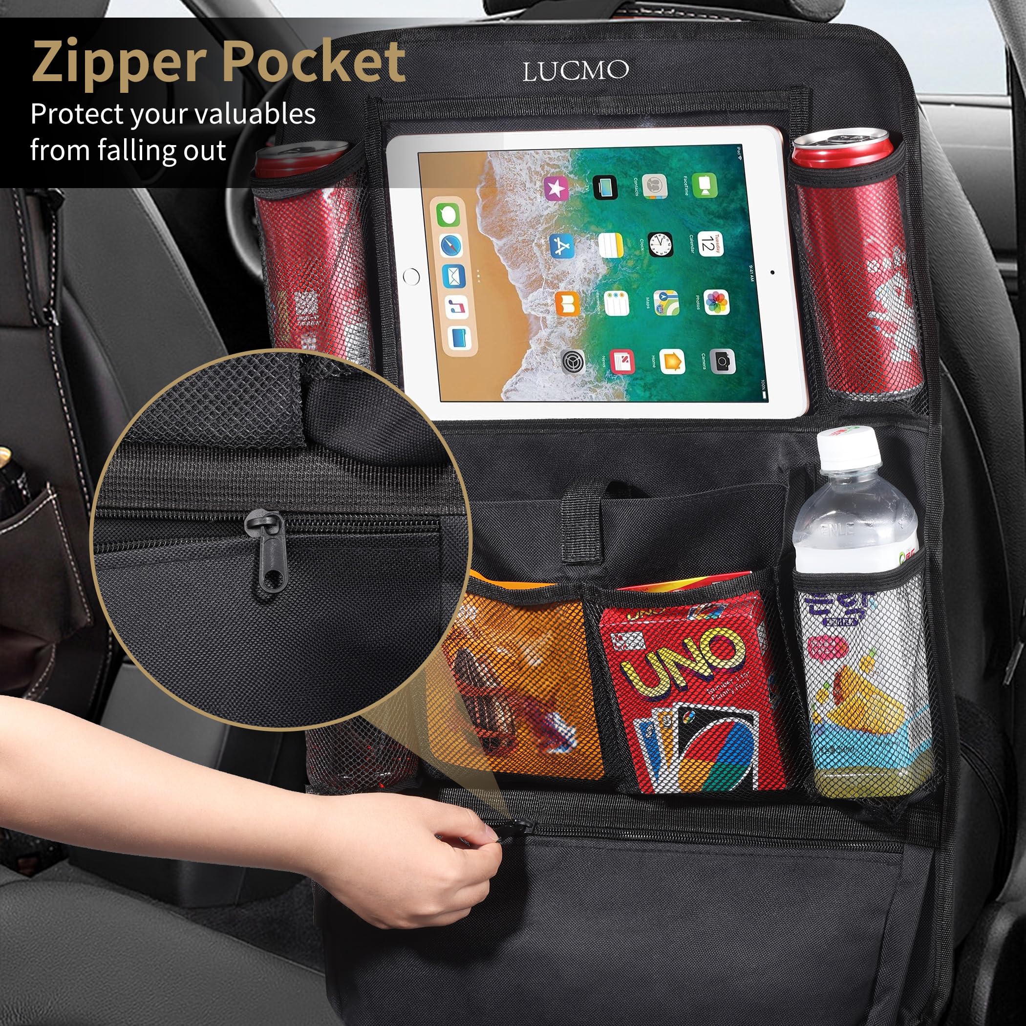 LUCMO 9-pocket layout with bottle and mesh pockets organized