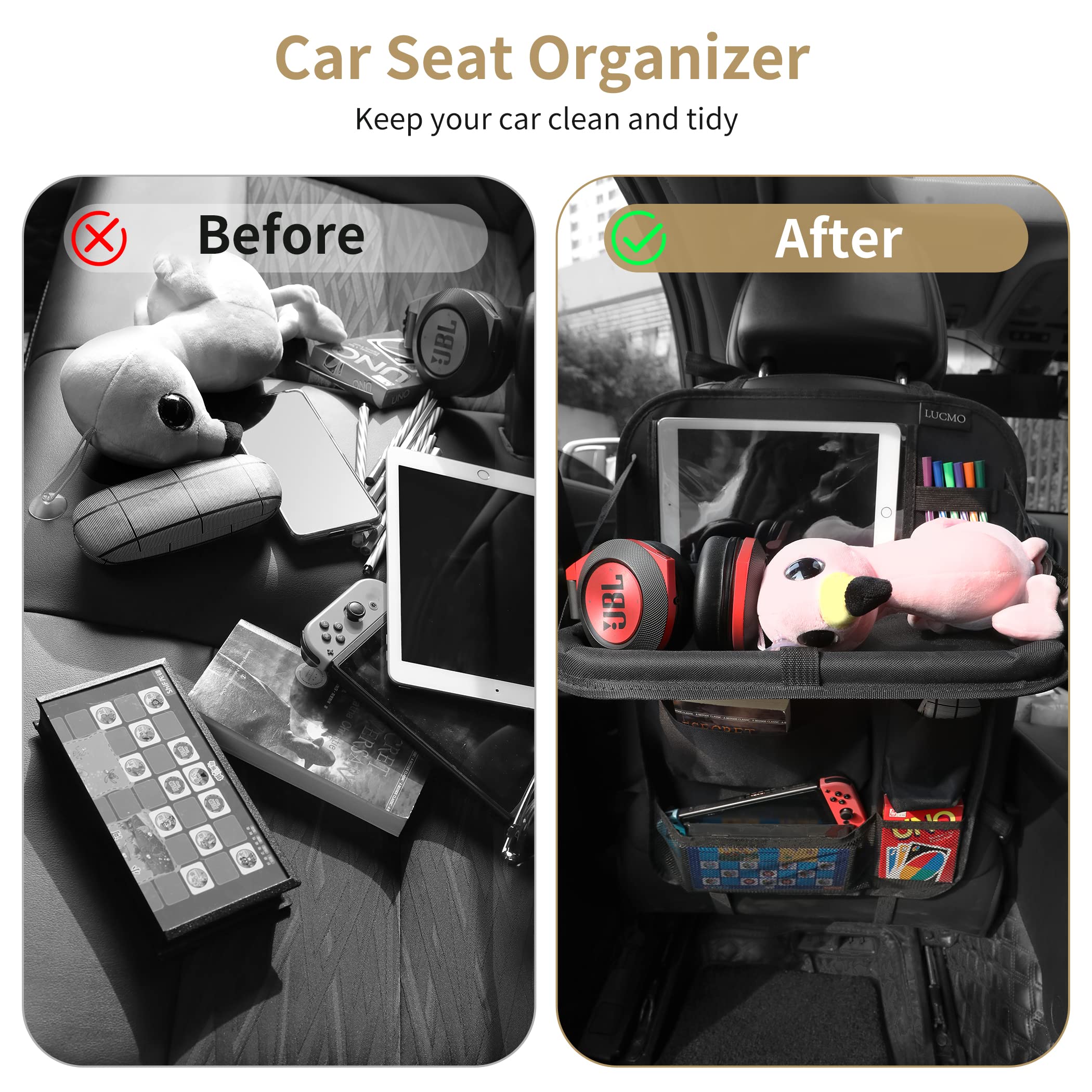 LUCMO backseat organizer with 9 pockets layout for essentials within reach.