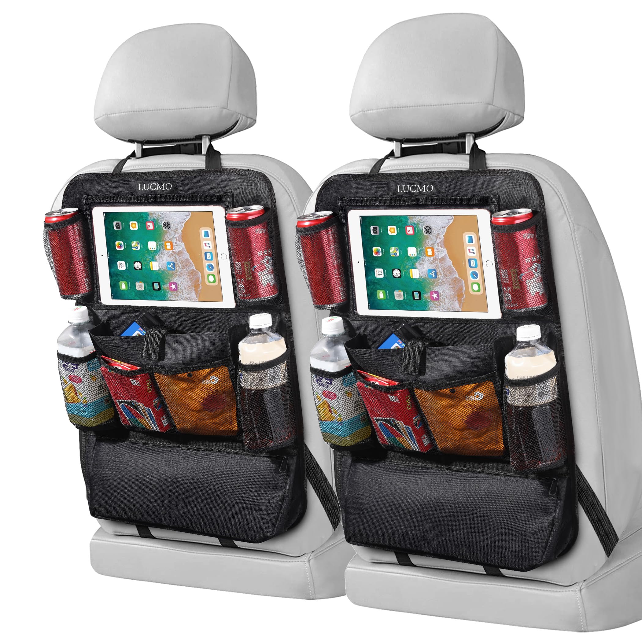 LUCMO car backseat organizer two-pack keeps kids' essentials organized on road trips