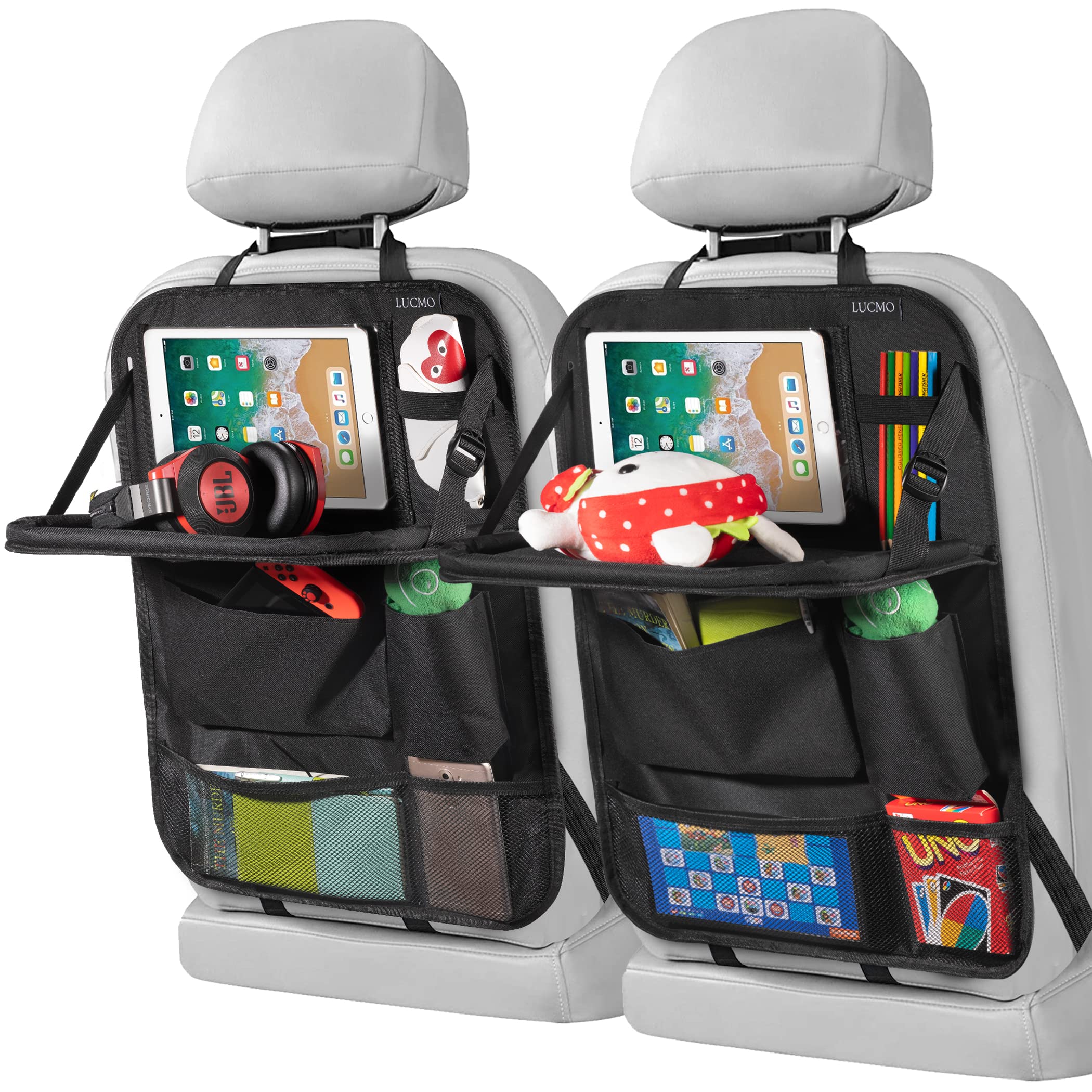 LUCMO car backseat organizer with table tray keeps toys and snacks organized.