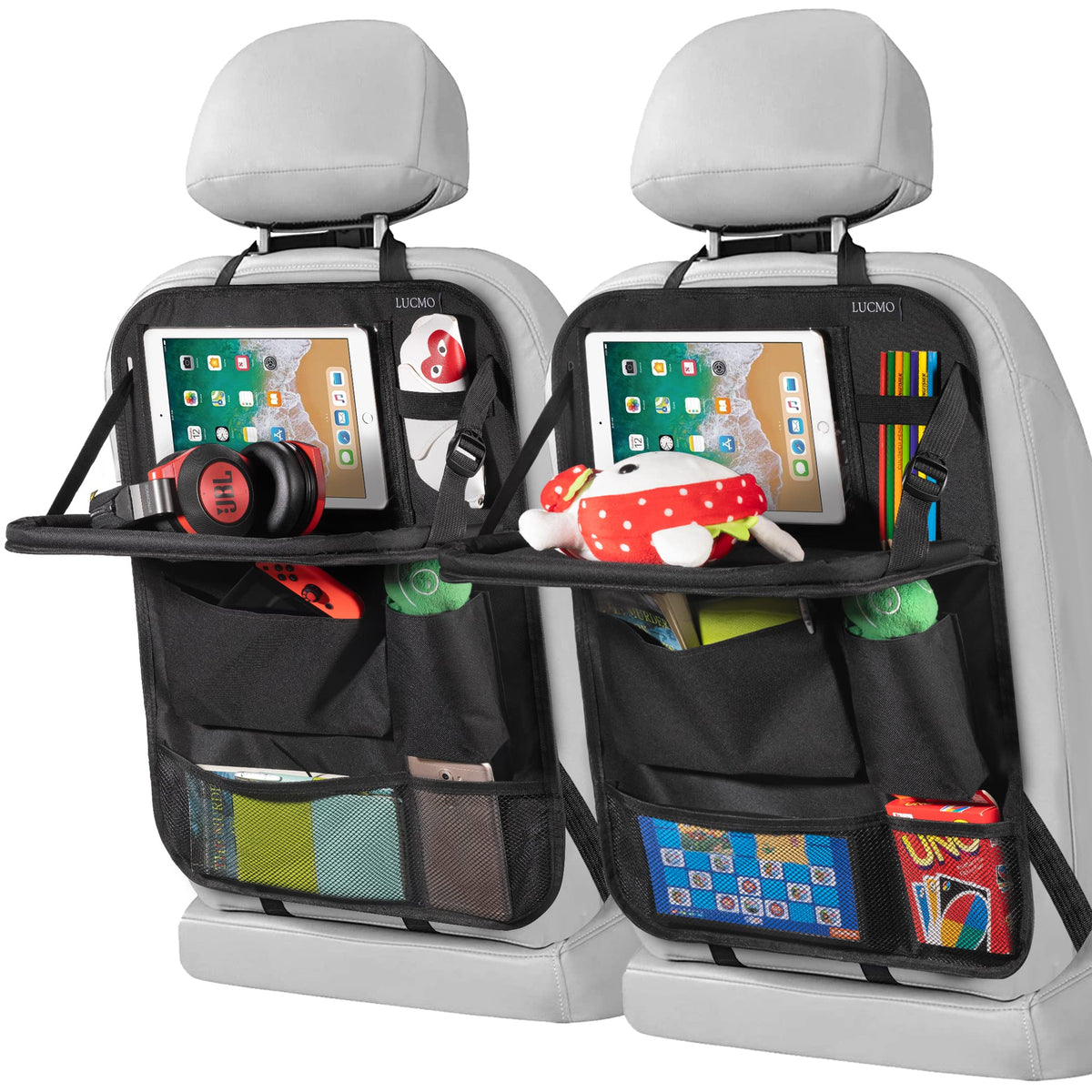 LUCMO car backseat organizer with table tray keeps toys and snacks organized.