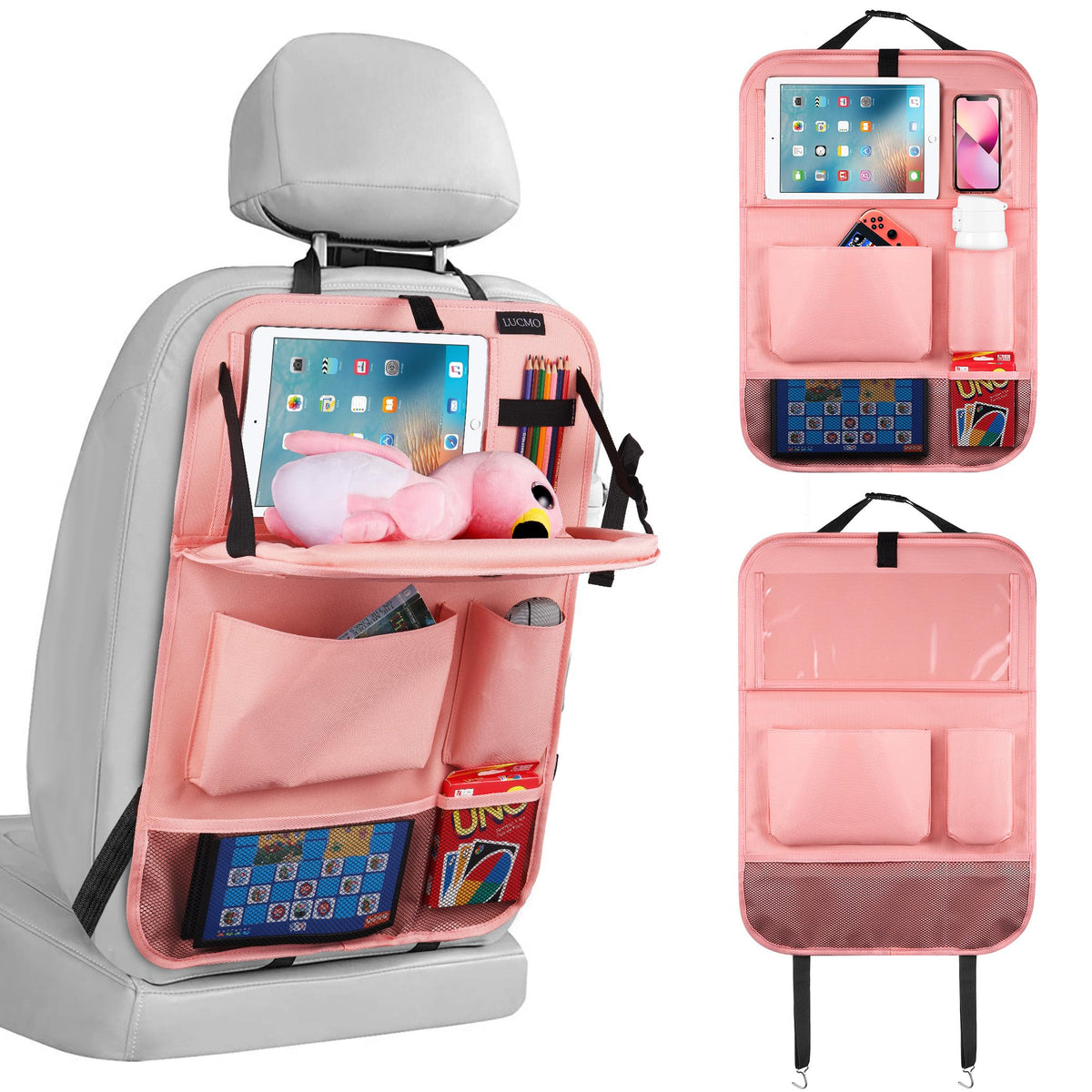 LUCMO backseat organizer with tablet holder in pink keeps devices within reach for trips