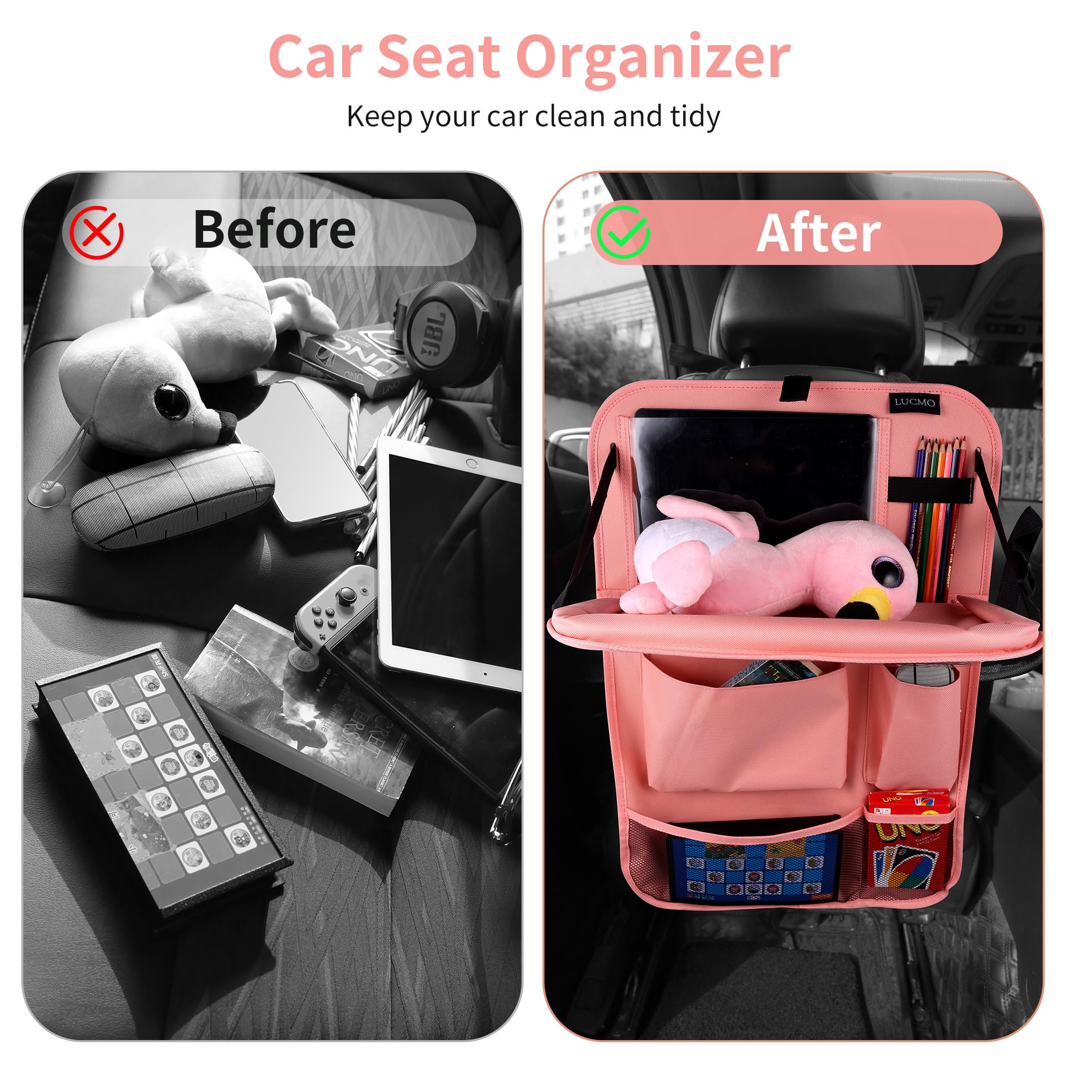 Foldable tray on LUCMO backseat organizer used as dining or work surface in pink