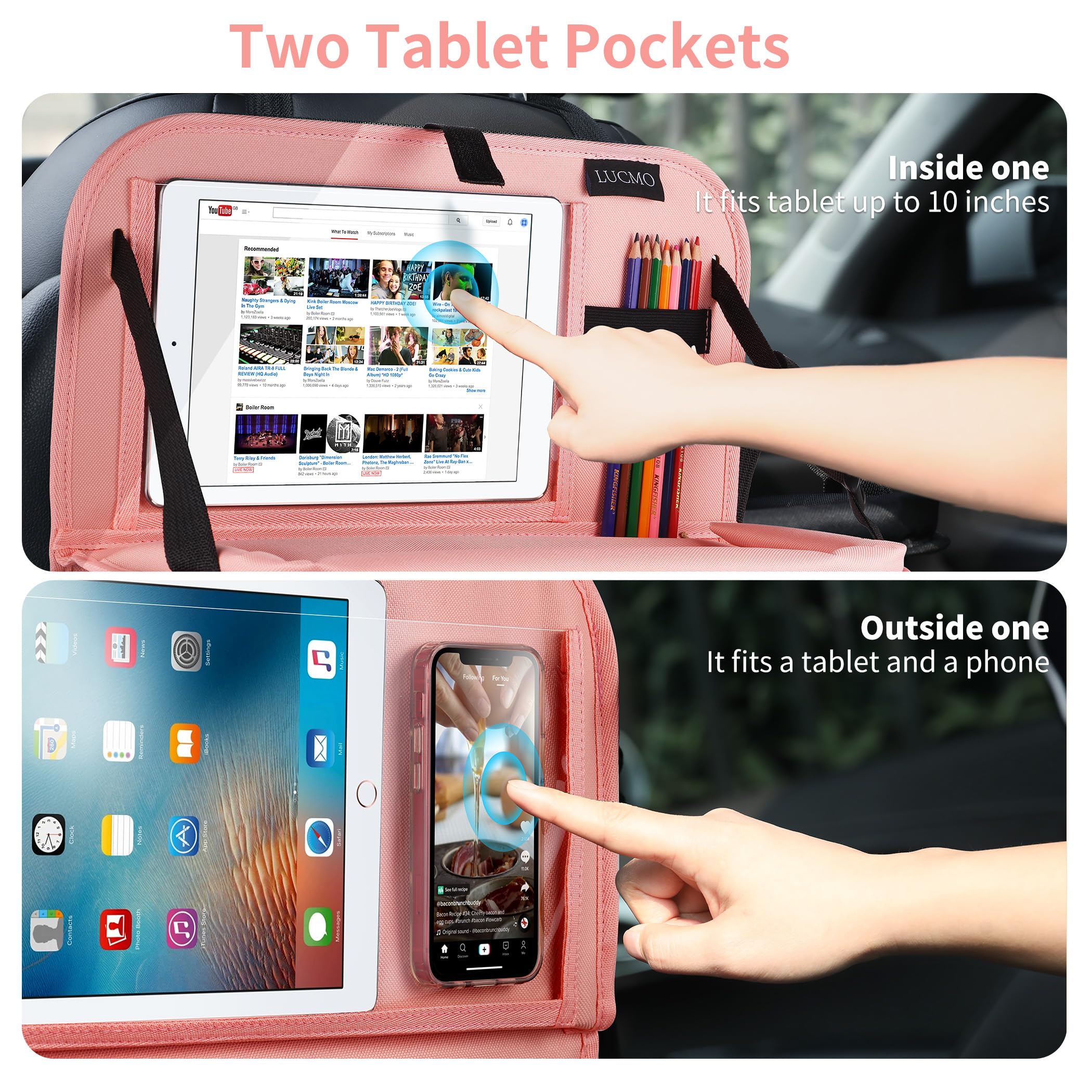 LUCMO organizer showing multiple pockets for toys, wipes, chargers in pink