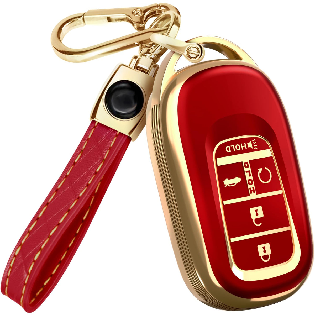 Lucrum Honda key fob cover front view in red and gold offers stylish protection.