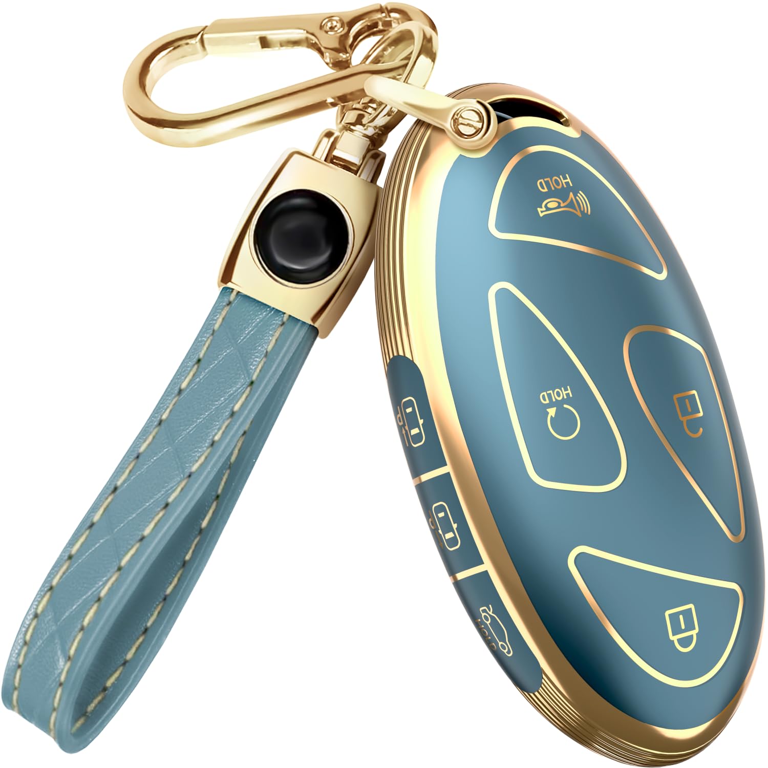 Lucrum Hyundai key fob cover in blue and gold with precise button protection.