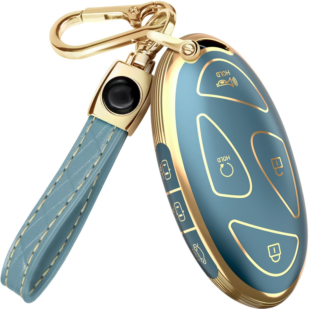 Lucrum Hyundai key fob cover in blue and gold with precise button protection.