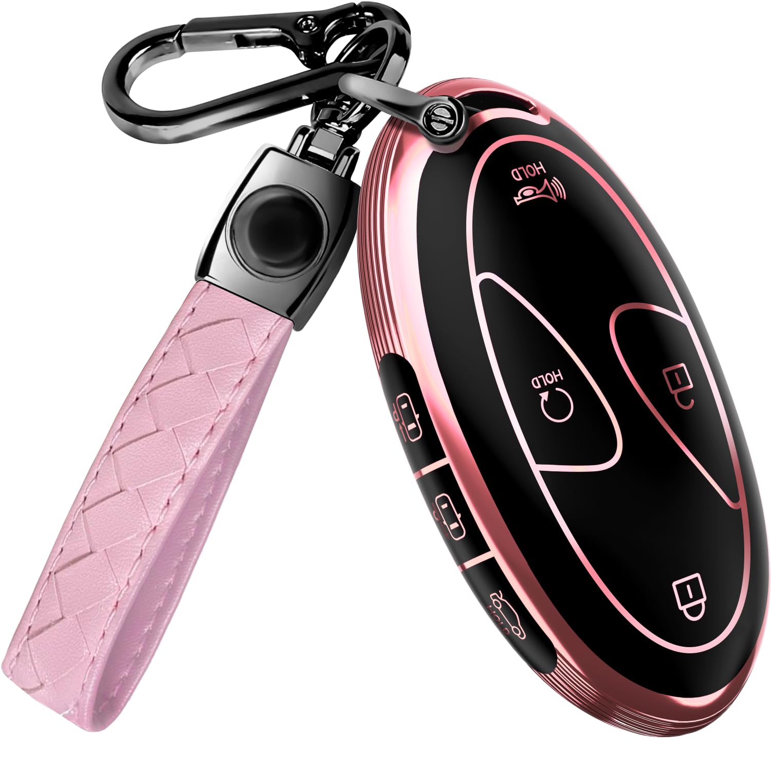 Lucrum Hyundai key fob cover closeup with protective TPU and pink-black finish.