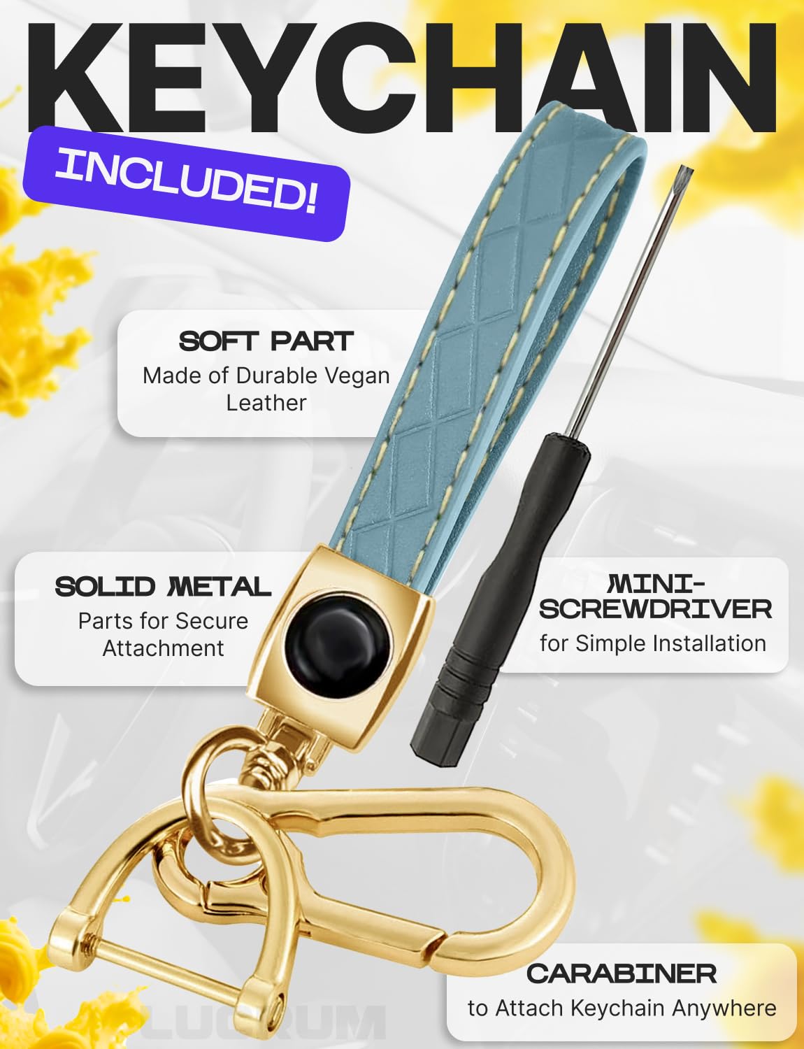Lucrum mini screwdriver included for fast keychain installation without tools.