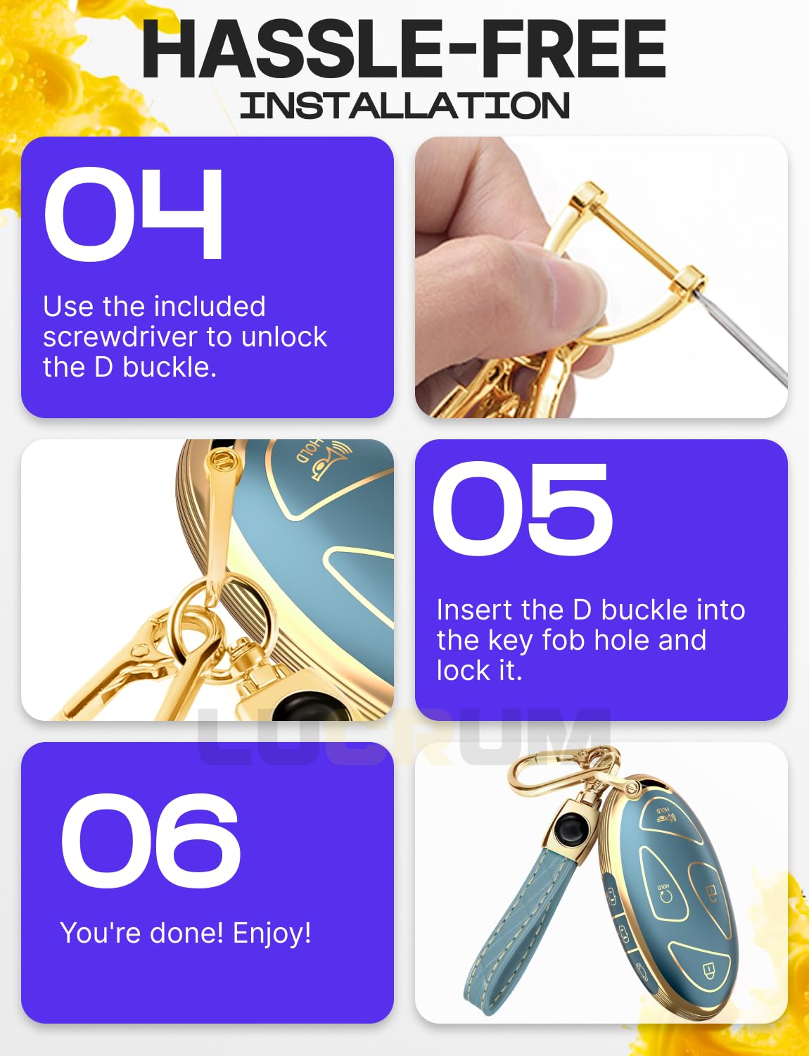 Lucrum standalone key fob cover note emphasizes compatibility and protection.