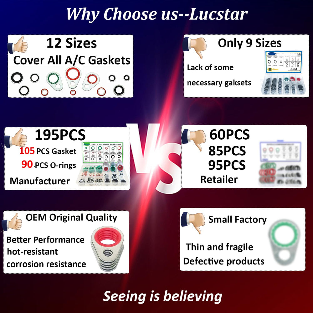 Lucstar A/C seals with compatibility label suggests R134a refrigerant friendly use.