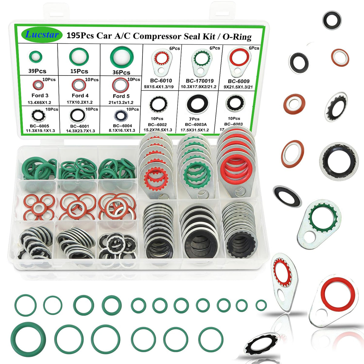 Lucstar 195PCS A/C Seal Kit front box for quick, organized automotive repairs.