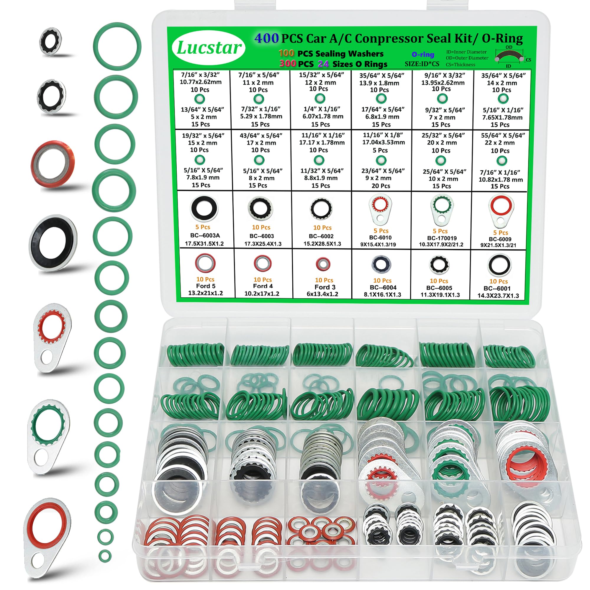 Lucstar 400Pcs AC O-Ring Kit packaging shows a complete sealing set for auto A/C.