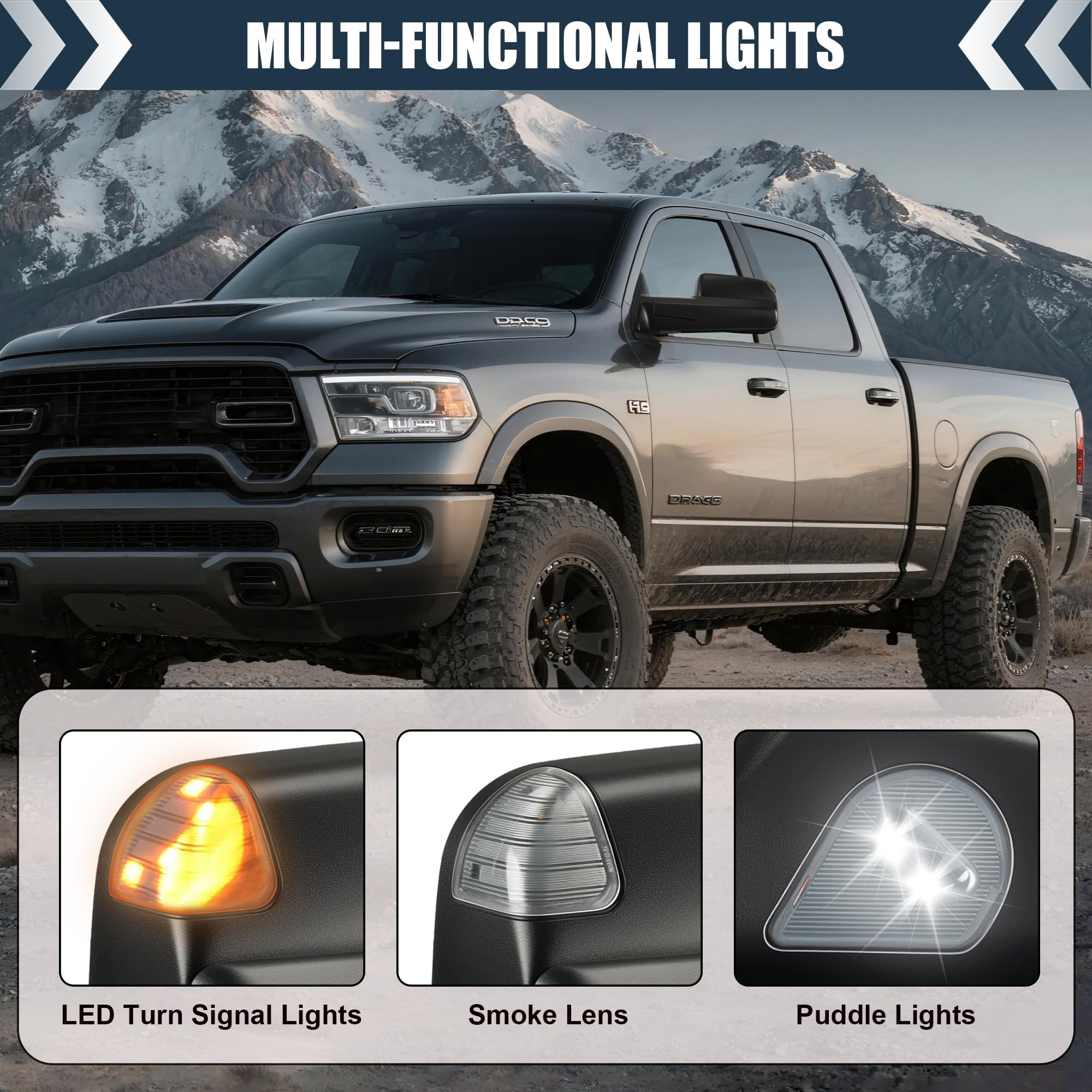 LUCTEND tow mirrors for 2500/3500 with extended flip-up offer wider towing perspective.