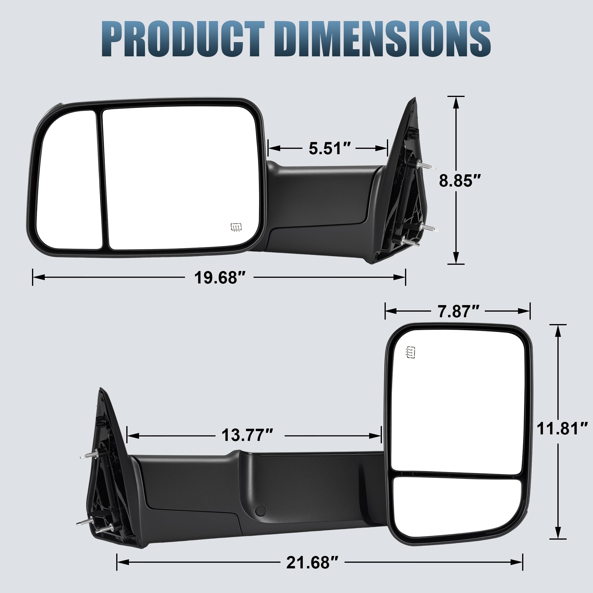LUCTEND heated tow mirror quickly defogs for clear rearward visibility.