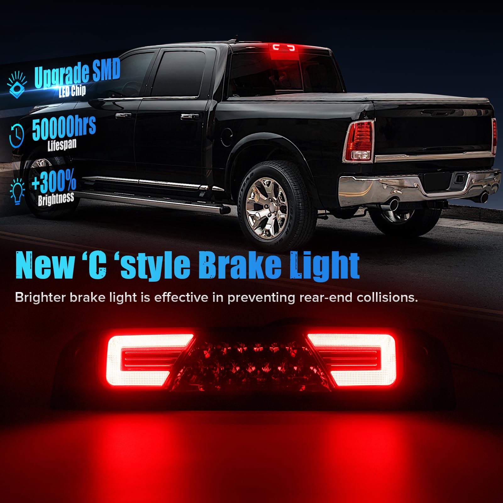 LUDARM LED 3rd brake light for Ram 1500 Classic with smoke lens, clearer visibility