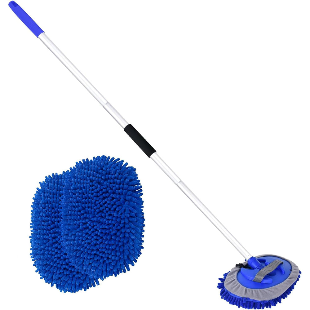 LUKCOZMO 62-inch car wash brush with blue long handle for easy exterior cleaning.