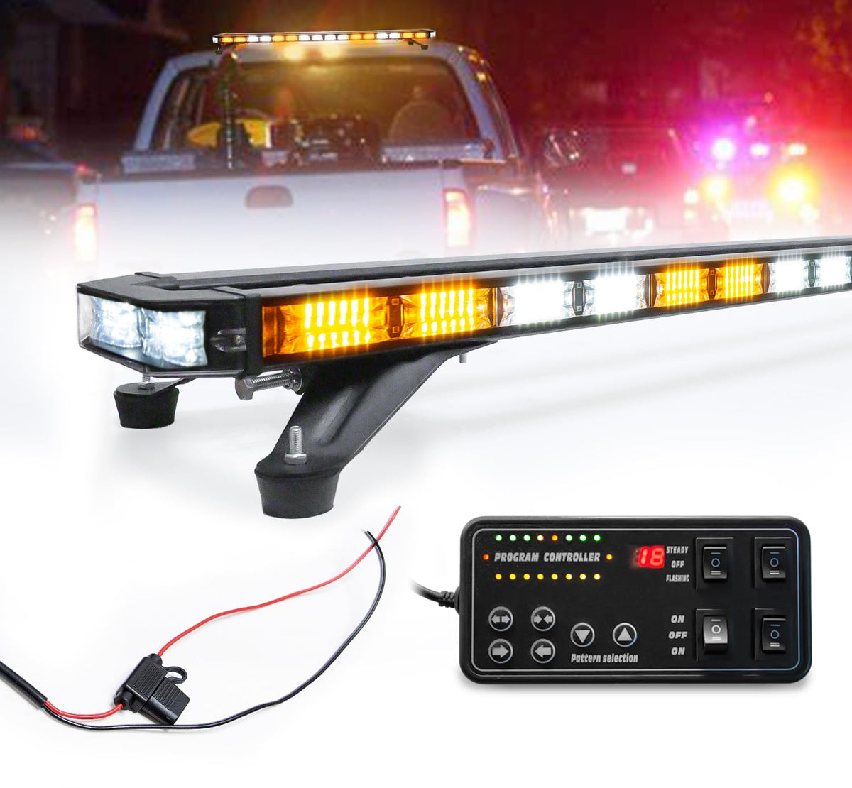 LUMENIX 48-inch rooftop strobe lightbar, front view, high-visibility warning for day and night.