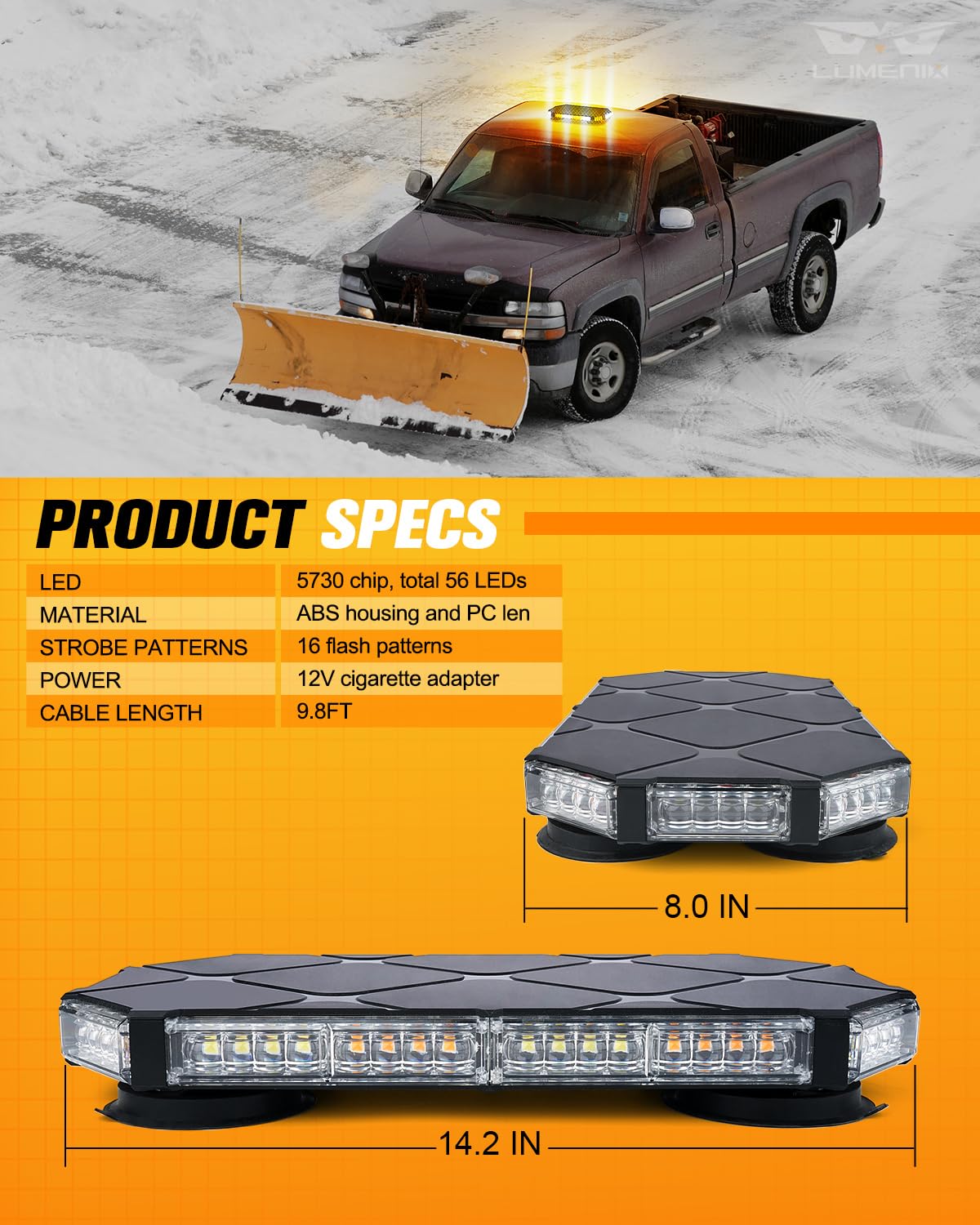 LUMENIX amber/white warning bar suitable for emergency, construction, and security vehicles