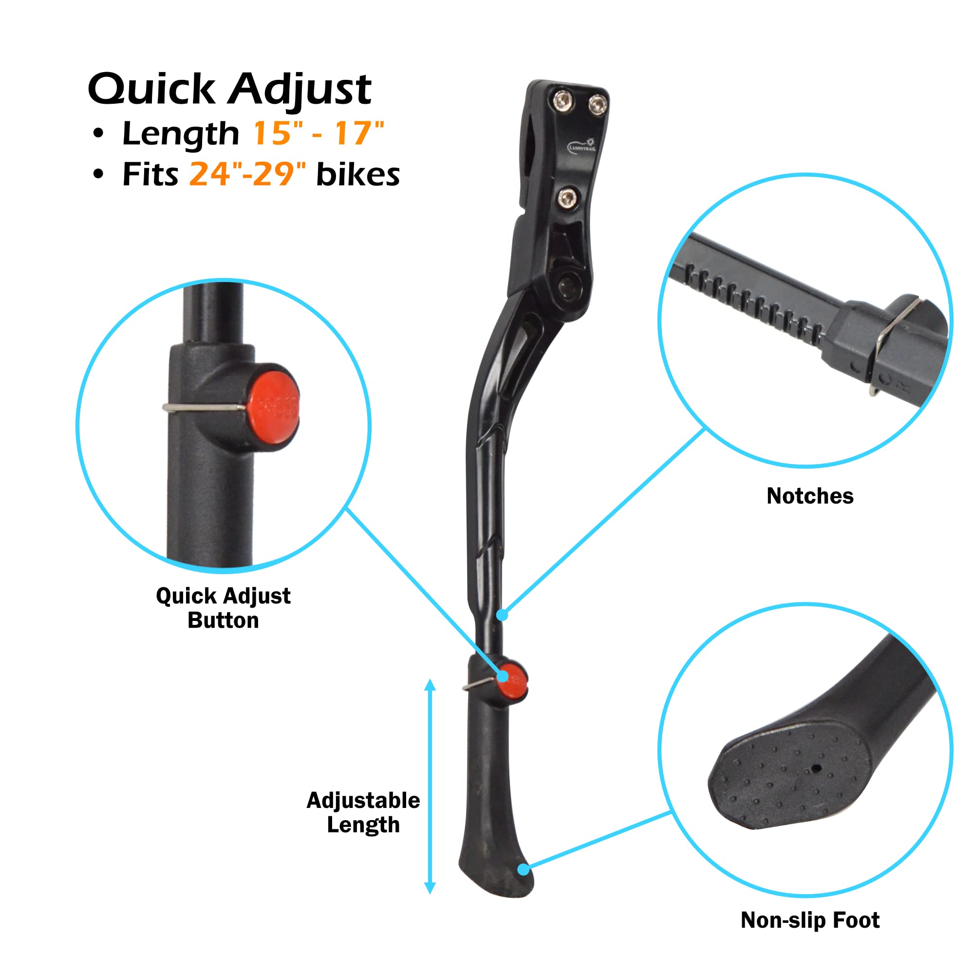 Lumintrail kickstand with non-slip foot keeps bike stable on wet surfaces.