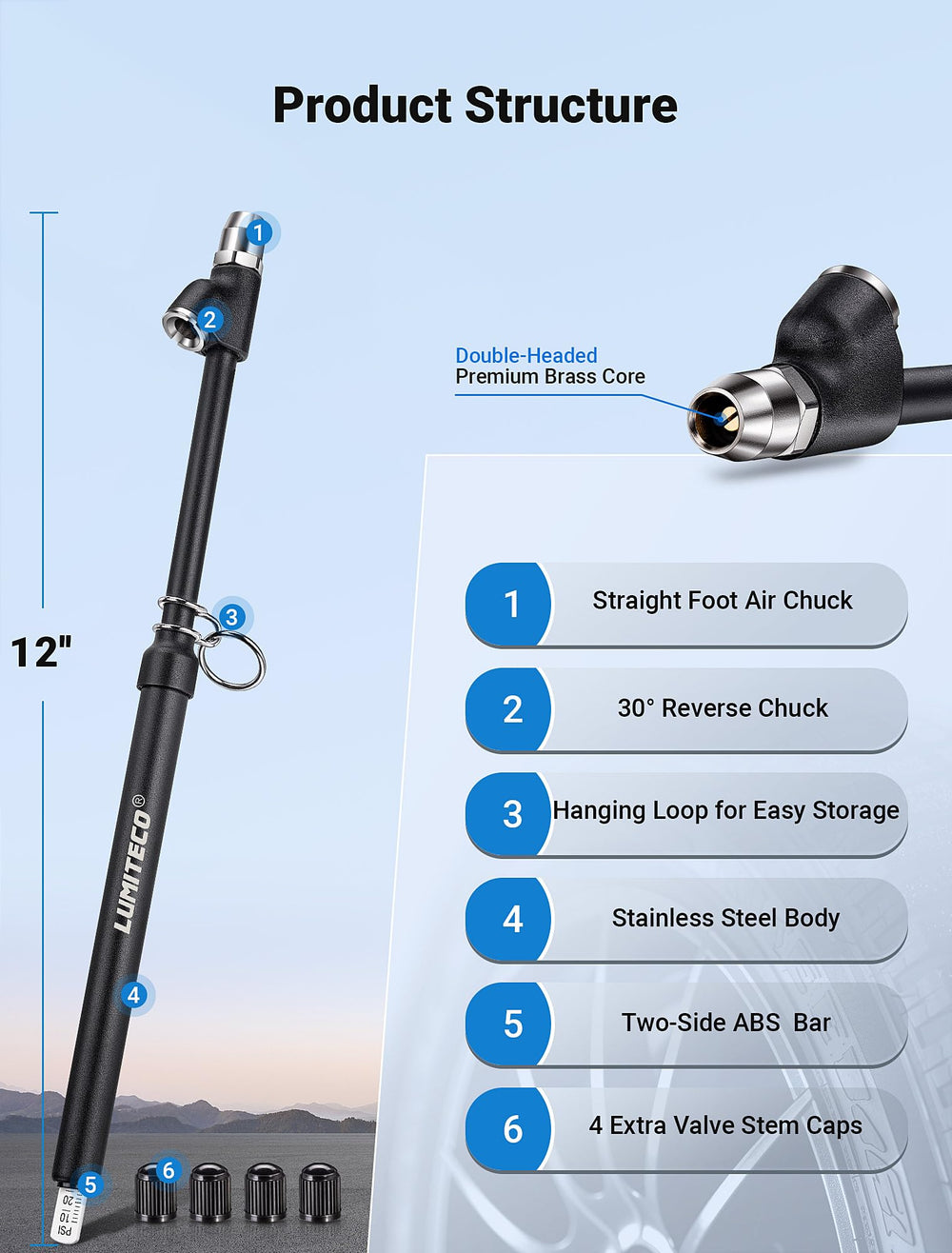 LUMITECO pencil-style 12-inch gauge for quick roadside tire checks.