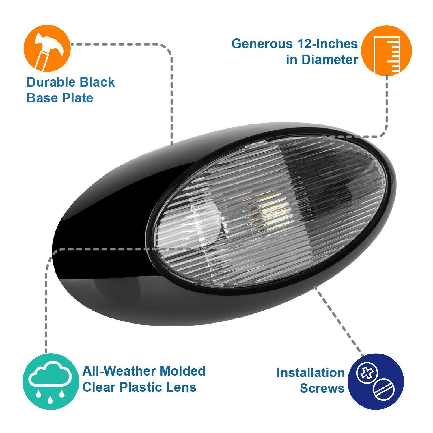 Lumitronics RV 12 inch oval light side view durable black base for outdoor use