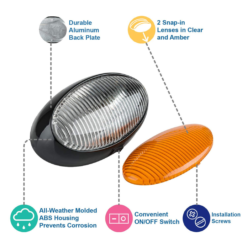 Lumitronics RV 12V LED oval porch light amber lens improves night visibility.