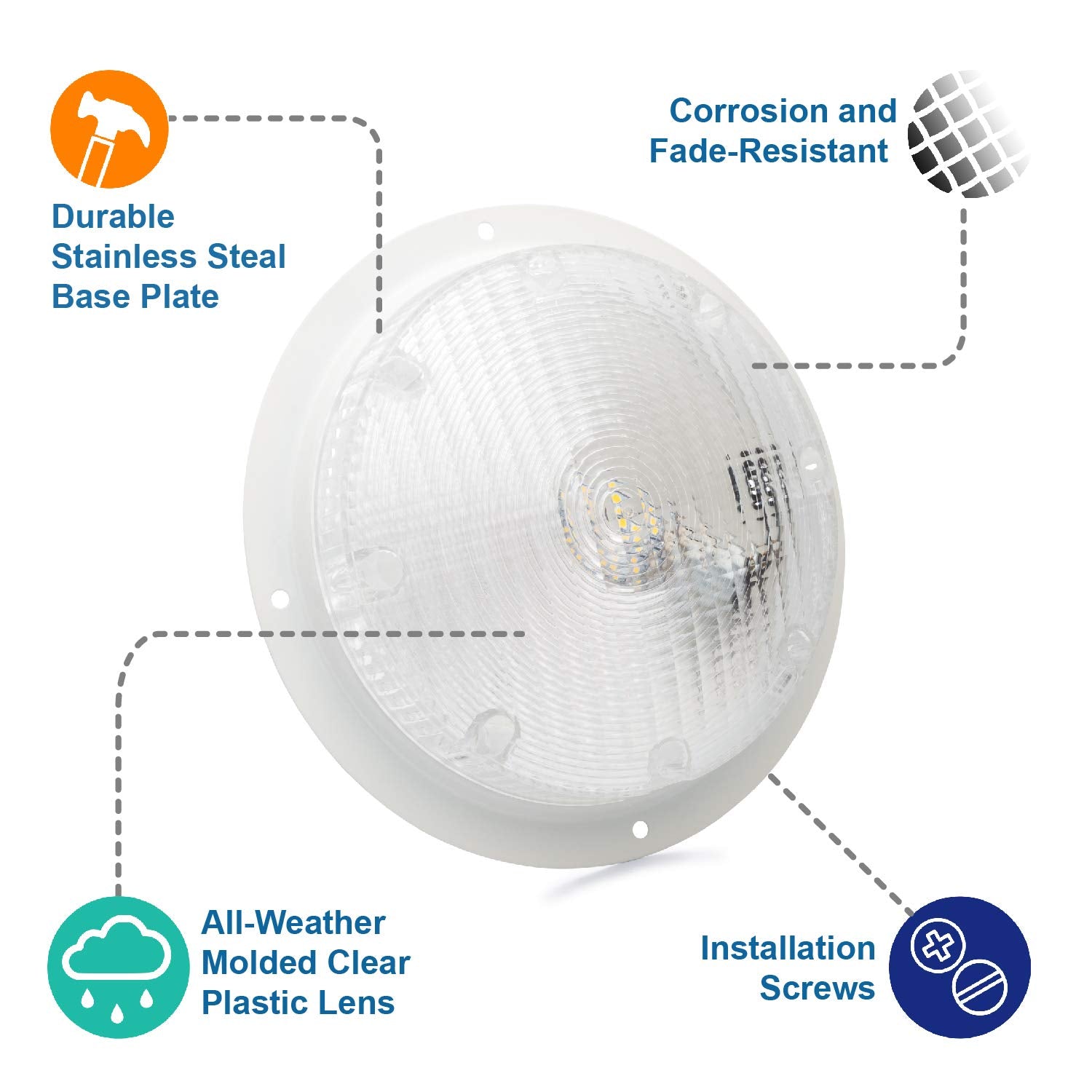 Lumitronics clear weatherproof lens resists corrosion and maintains visibility