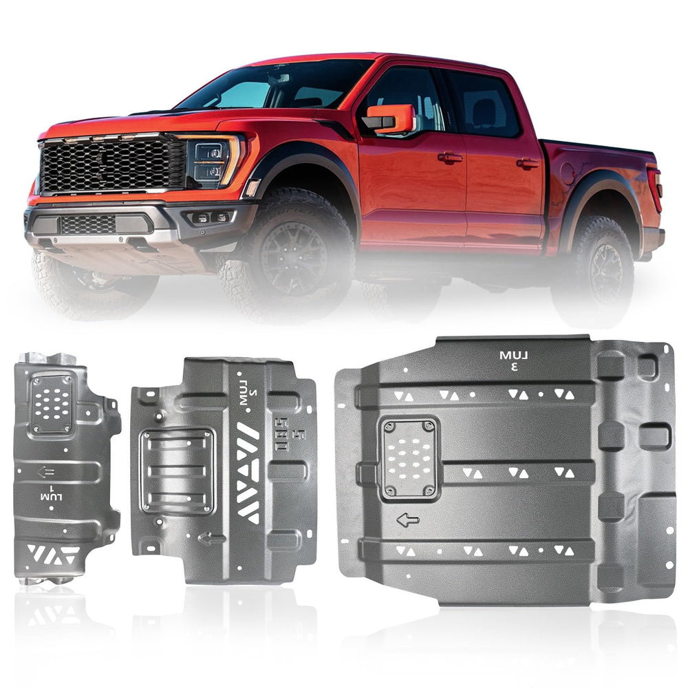 Lumlazni Ford F-150 full skid plate front view protects engine and undercarriage.
