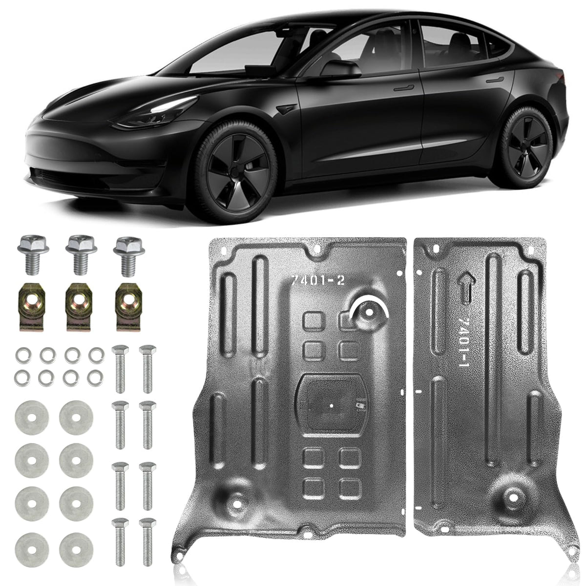 Lumlazni Model Y underbody skid plate front protects the motor from debris.