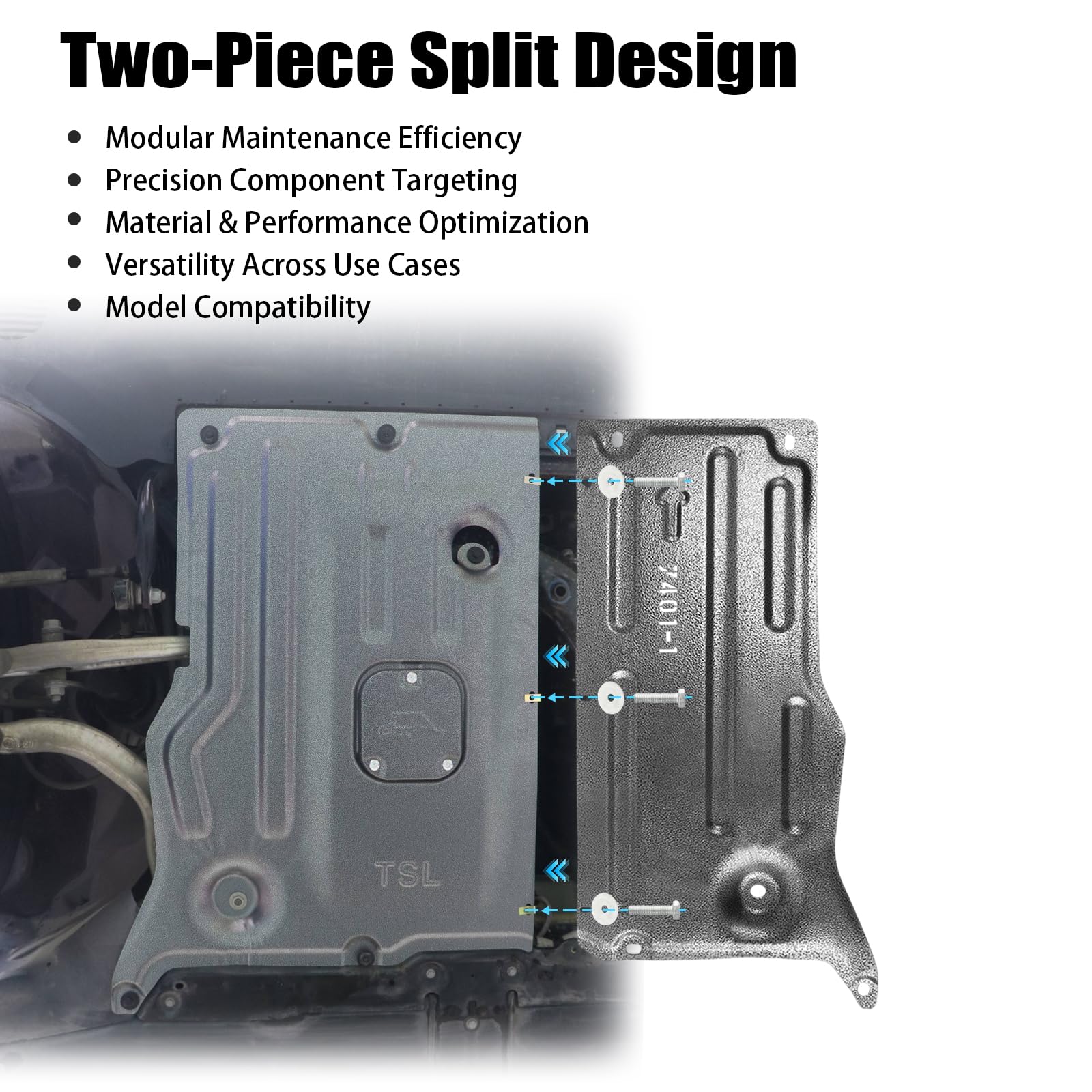 Lumlazni two-piece skid plate assembly for easy maintenance.