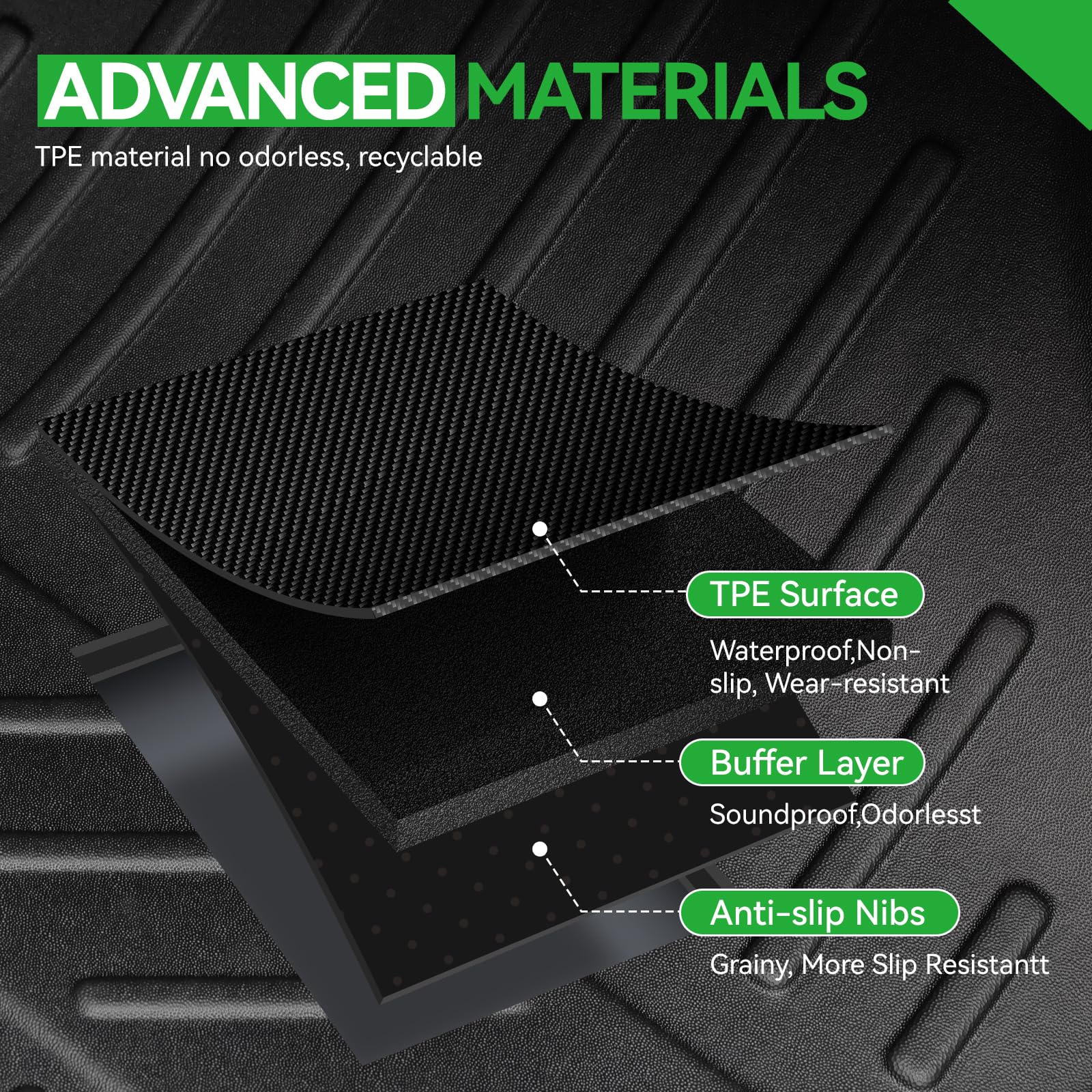 LUMWAY GMC Acadia raised-edge mats reduce debris buildup in the cabin.