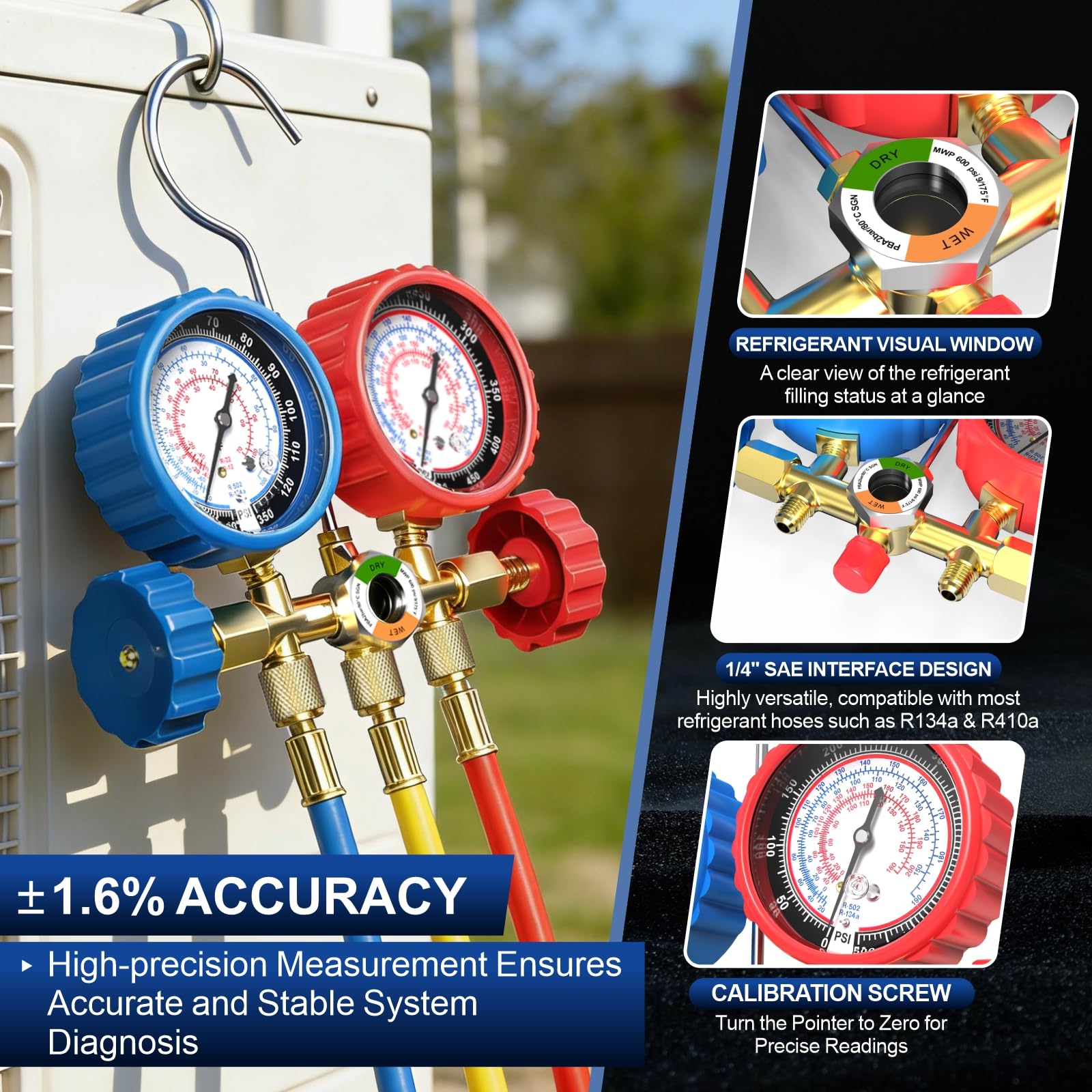 Luney 3-Way AC Gauges Set Acme adapter supports versatile fittings.
