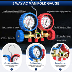 Luney 3-Way AC Gauges Set quick couplers enable fast connections.