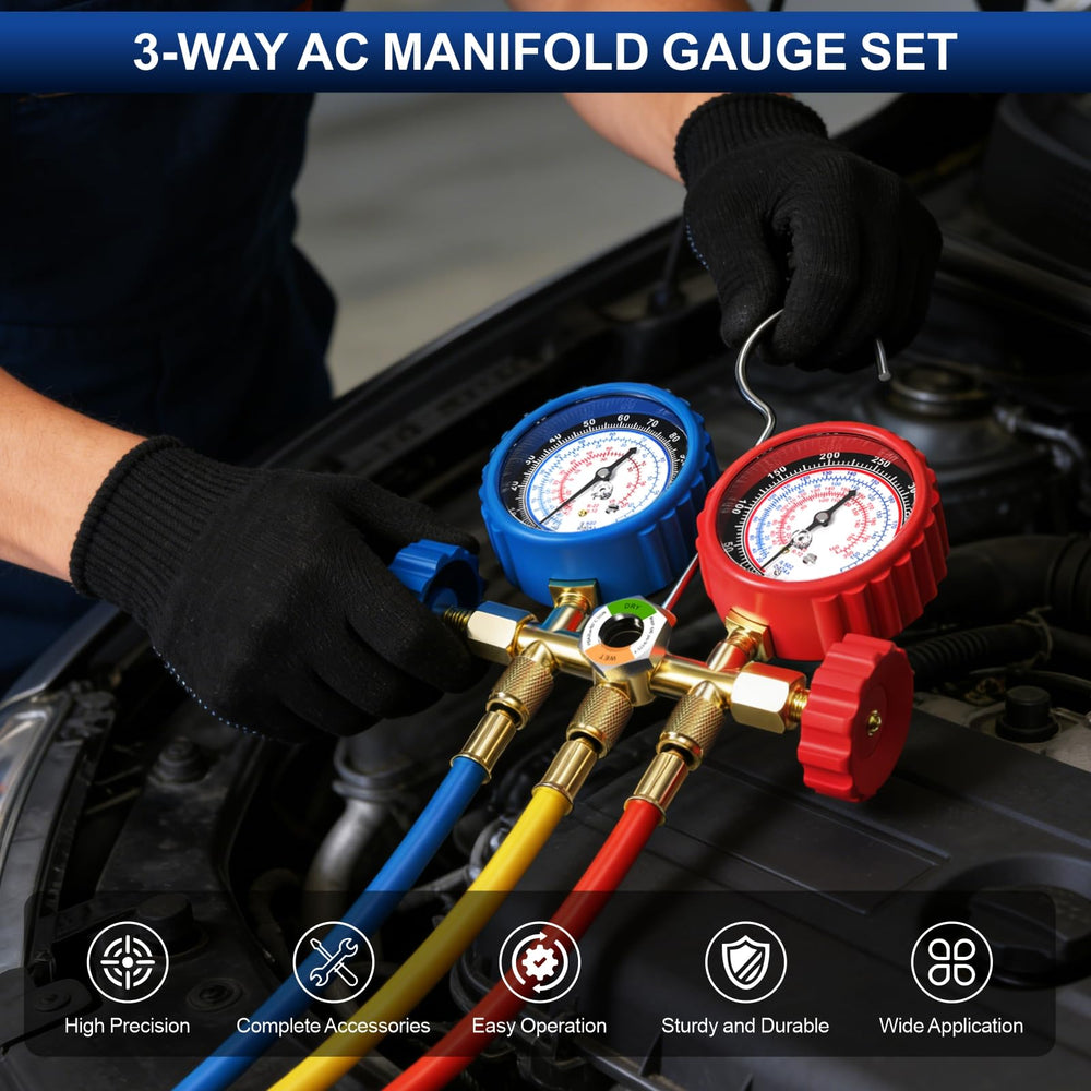 Luney 3-Way AC Gauges Set self-sealing taps for safe charging.