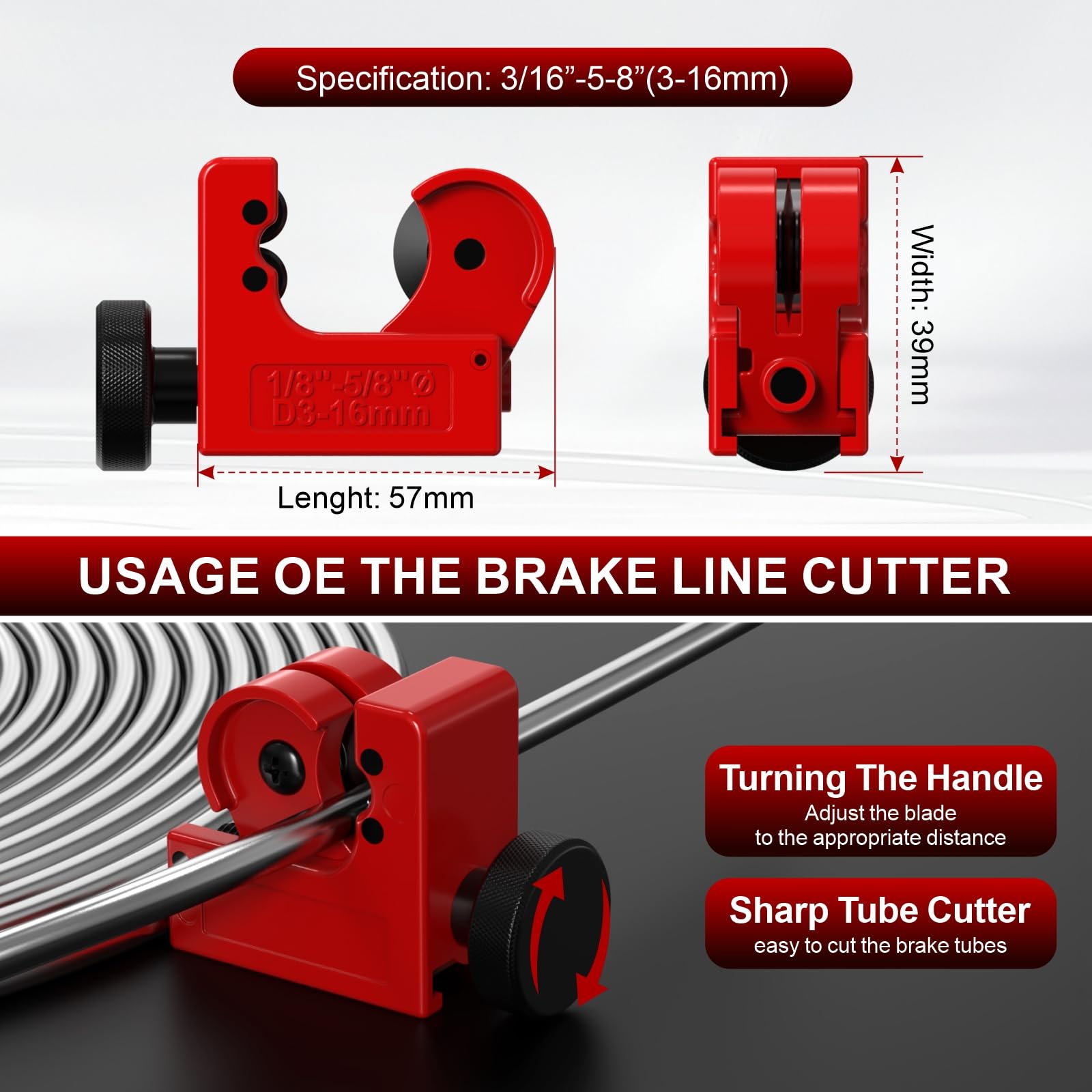 Luney brake line cutter enabling quick, accurate cuts.
