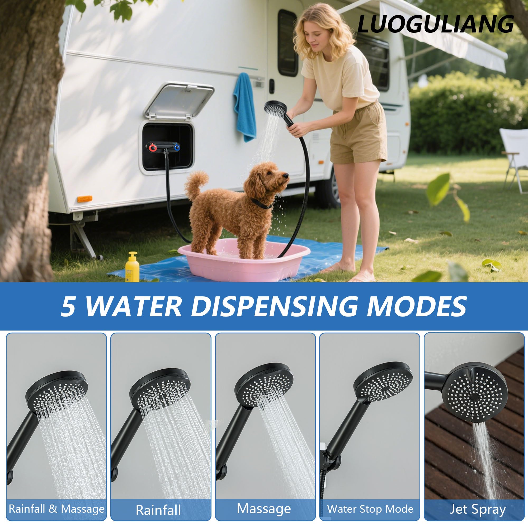 59-inch hose provides reach for RV showers and outdoor setups