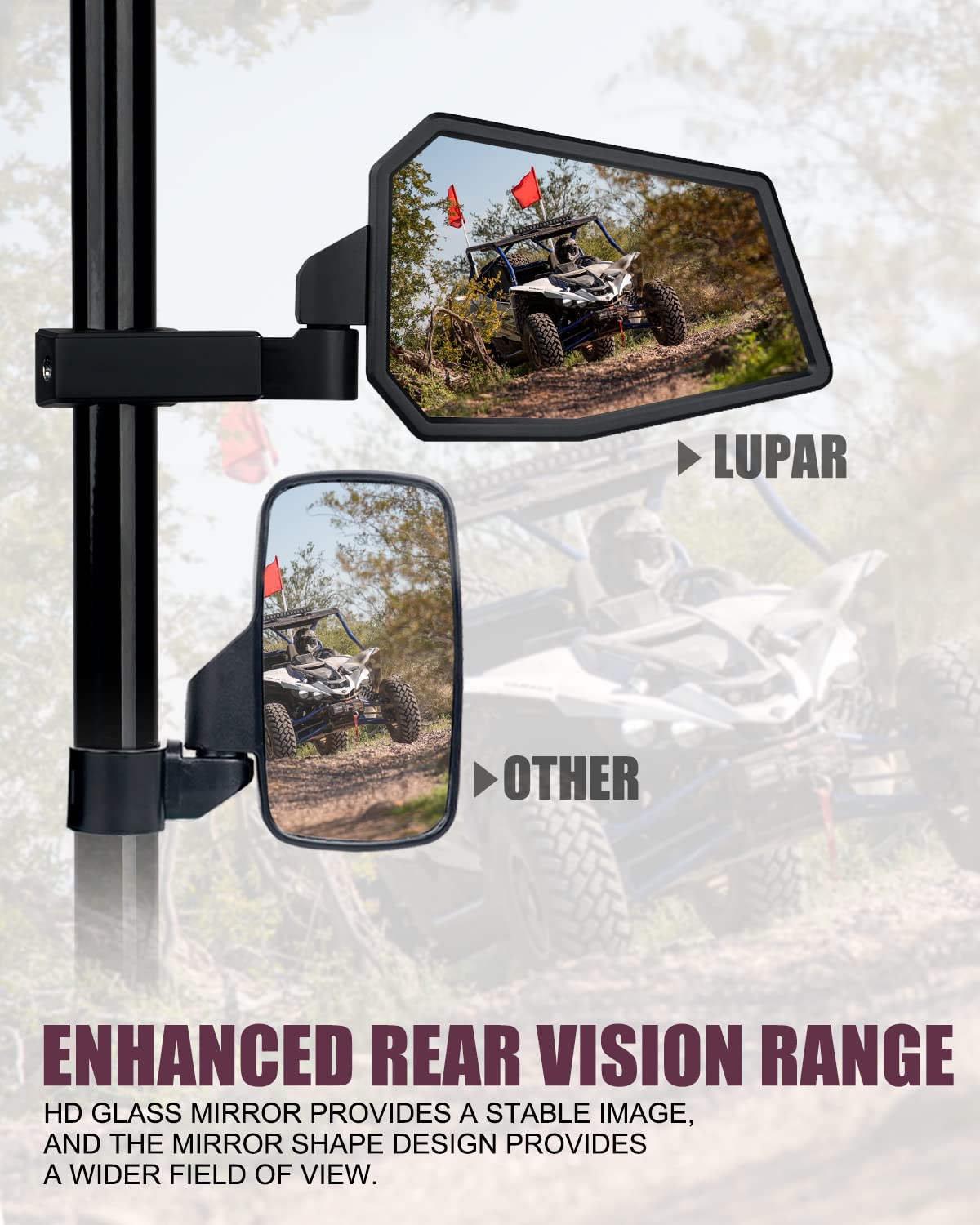 Lupar Polaris RZR compatible flag mirror improves rear awareness and style.