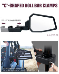 Lupar roll-cage bracket adjustable mirror enables easy, secure installation.