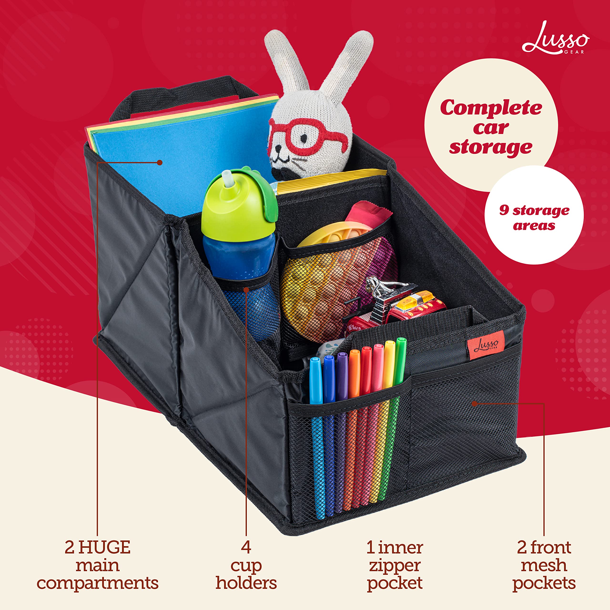 Lusso Gear floral back seat storage keeps kids' toys and snacks organized