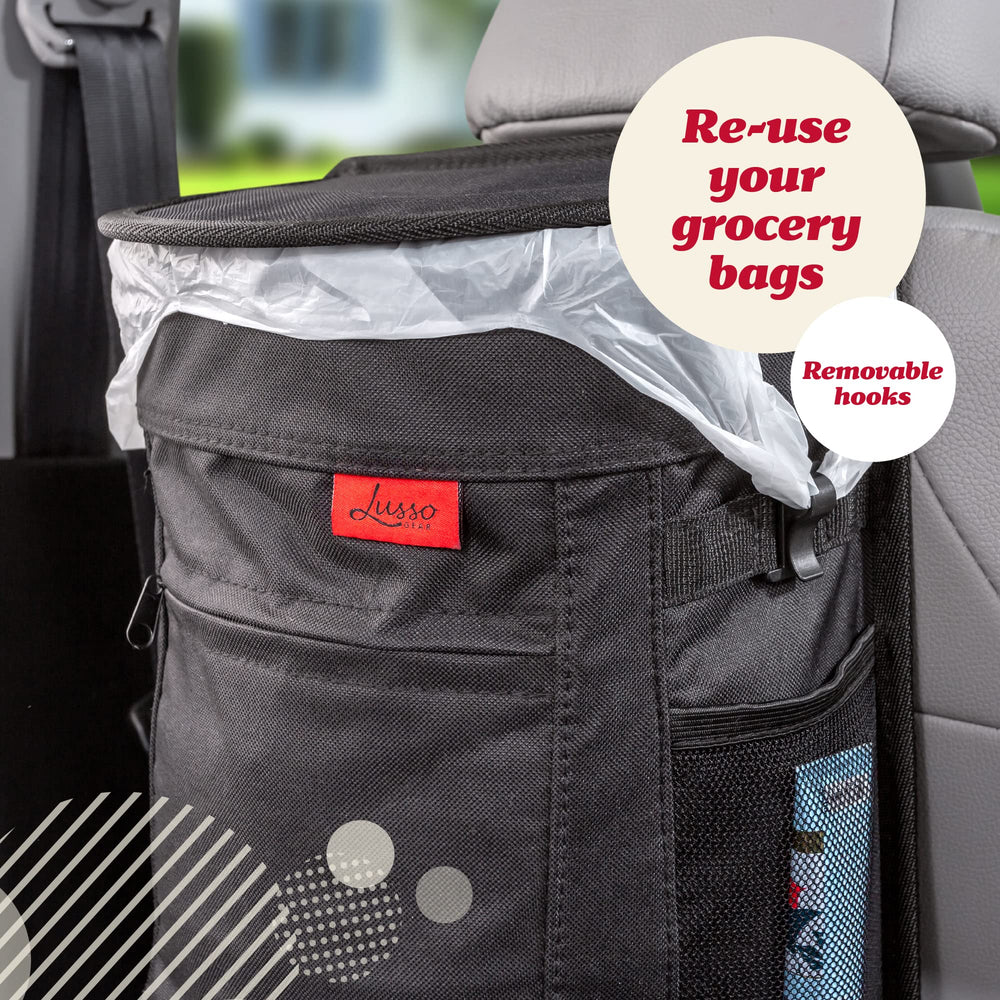 Lusso Gear flip-top lid conceals trash and minimizes odors.