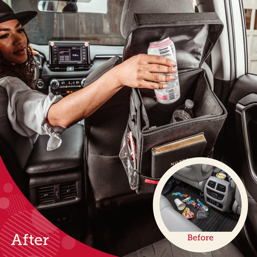 Lusso Gear trash can fits front or back seat for versatile vehicle storage.