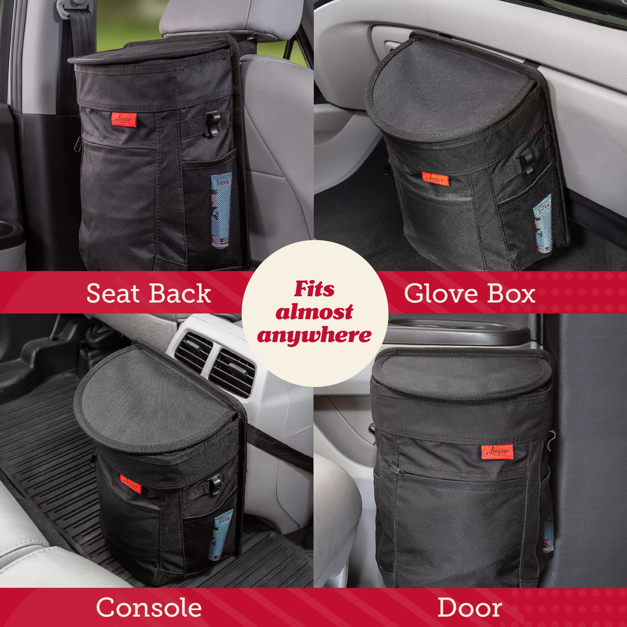 Lusso Gear car bin with mesh pockets organizes small items for easy access.