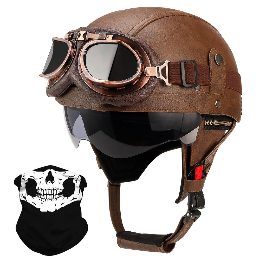 Lutcaut German-style leather half-helmet front view with vintage vibe for confident cruising.
