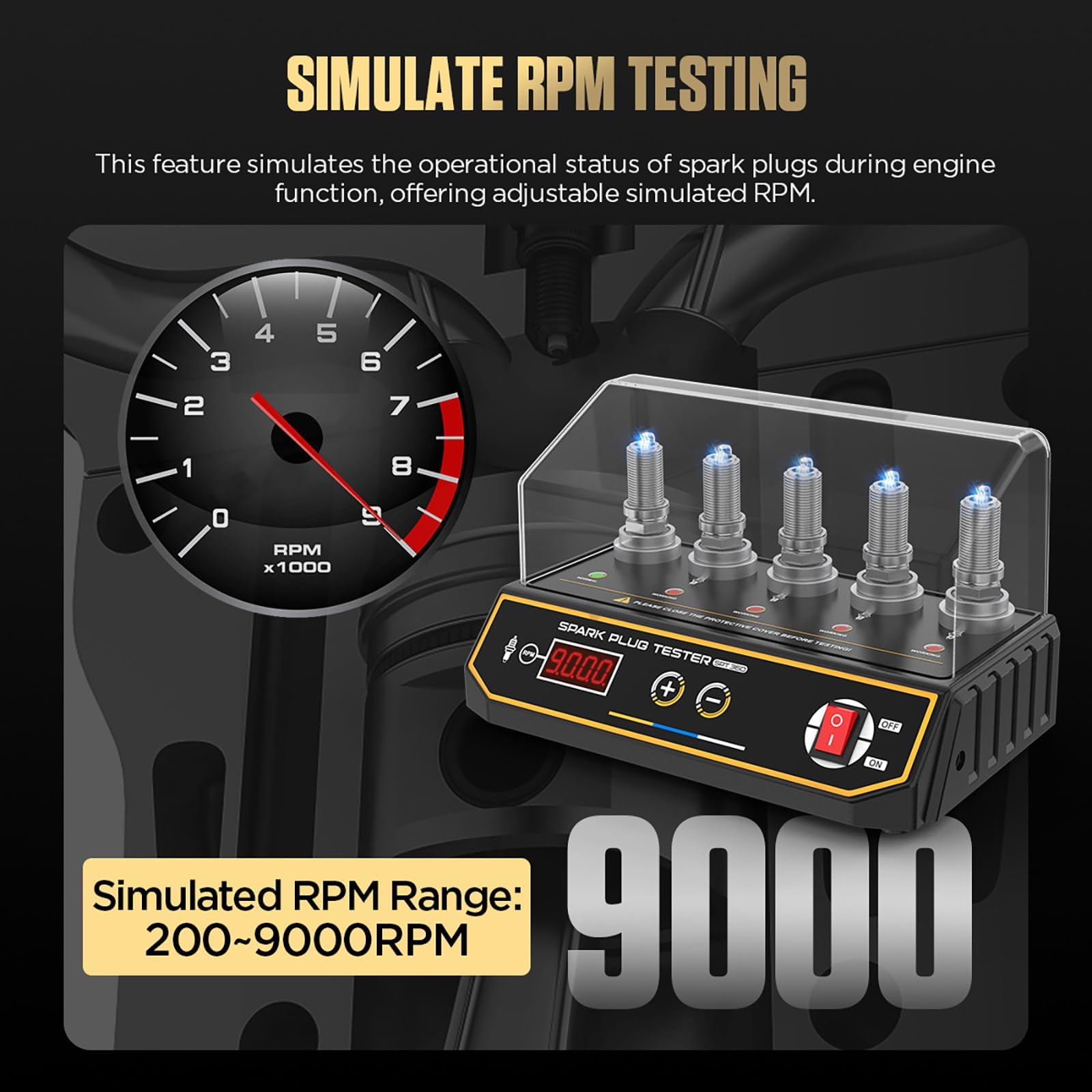 LUTIFIX variable-frequency spark test shows ignition strength from 200 to 9000 rpm.